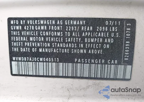 2012 Volkswagen Golf 2.5L 4-Door z USA, uszkodzony, nr VIN WVWDB7AJ0CW040513